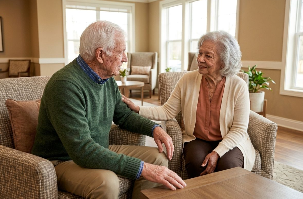 two seniors sit on a couch in a senior living community