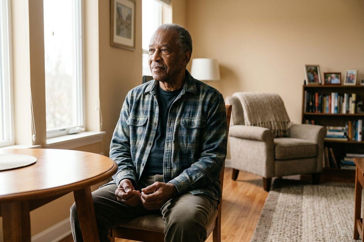 Senior adult sitting peacefully at a small table in a warm, sunlit private room, hands resting calmly in lap, expression serene and dignified.