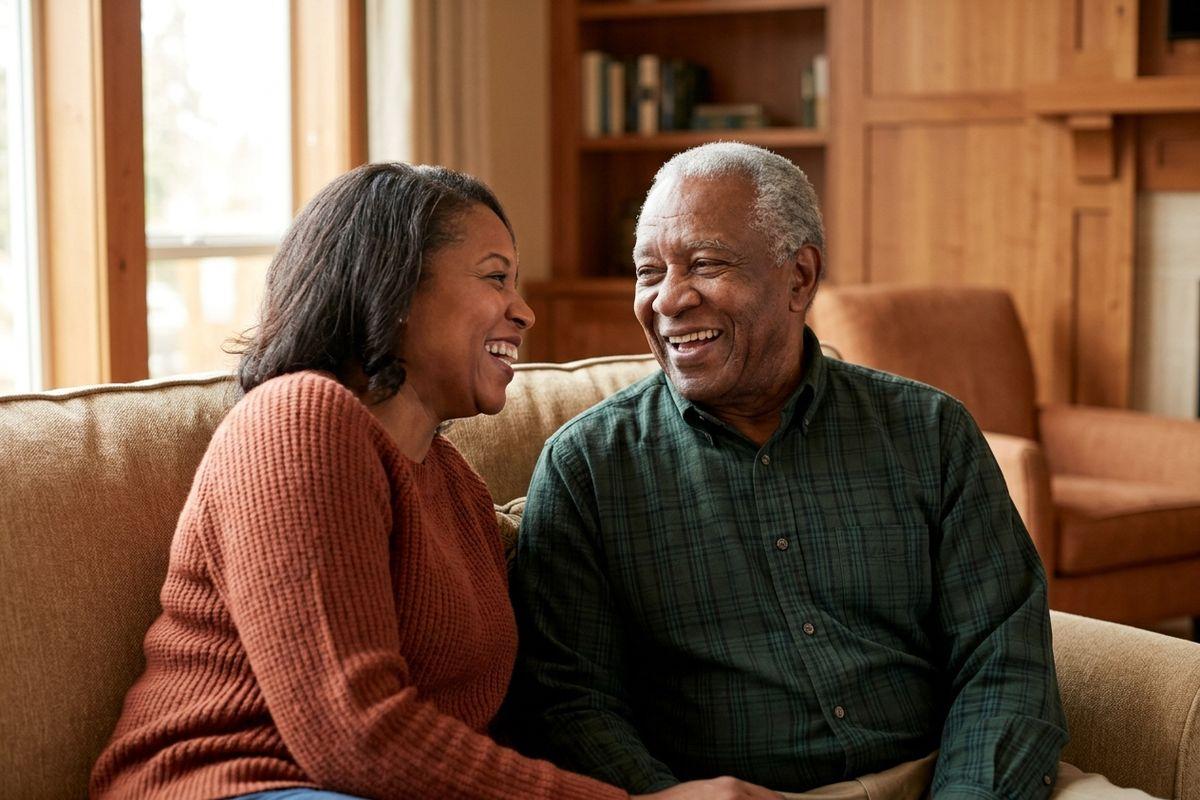 A senior and a younger woman sit close together on a sofa, smiling and looking at each other in a wood-paneled room