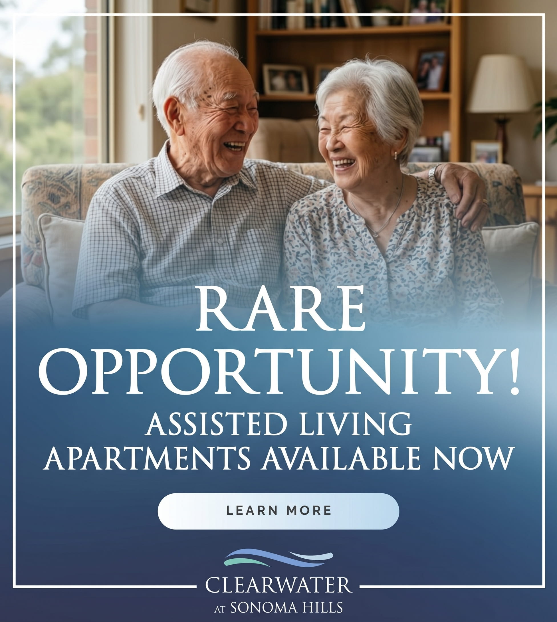 Elderly couple laughing together on a sofa in a cozy living room; banner advertises assisted living apartments at Clearwater, Sonoma Hills with a Learn More button.